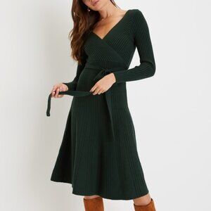 Warm Emotions Emerald Green Skater Midi Sweater Dress
